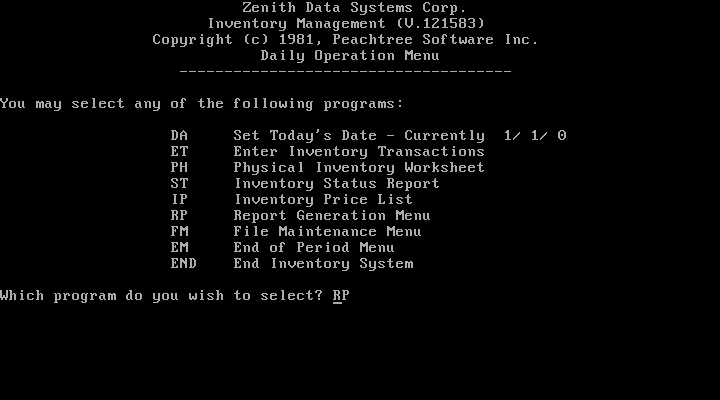 Peachtree Inventory Management - Menu
